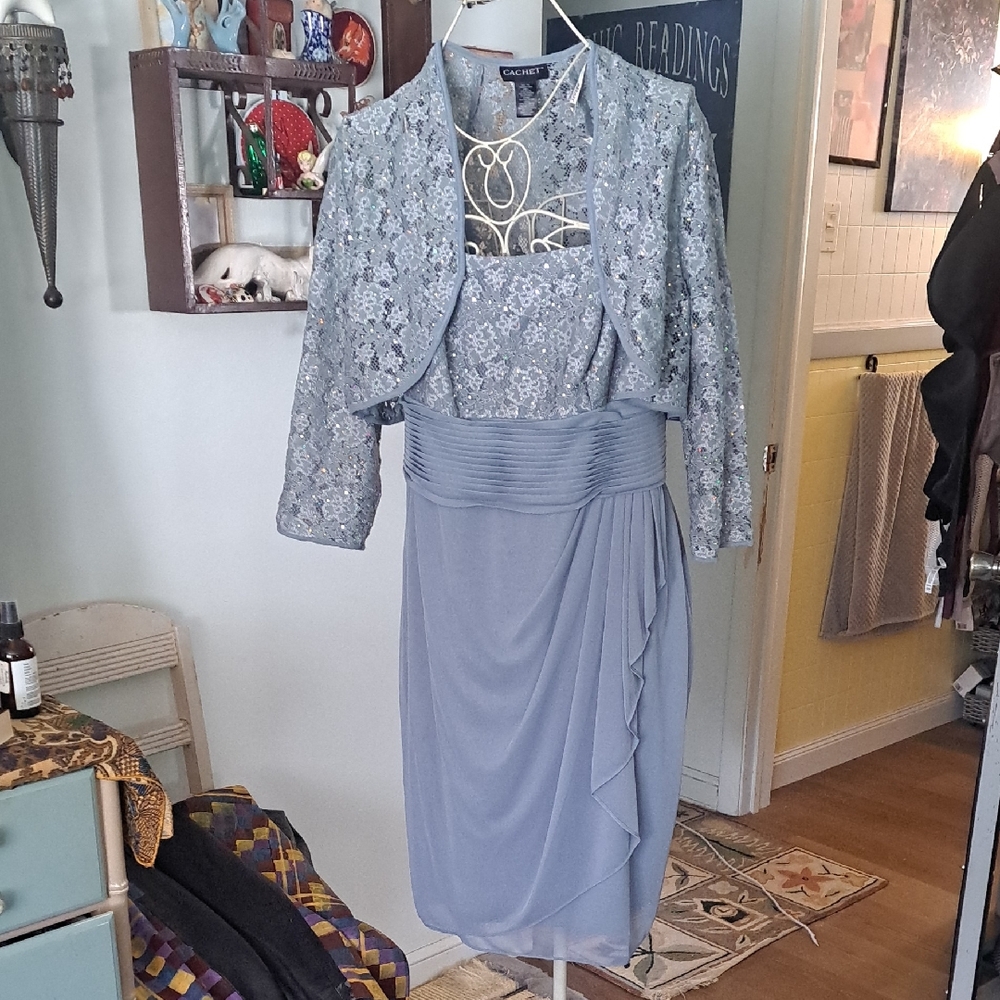 Vintage Y2k Cachet Holiday Sequin And Lace Dress With Jacket, Sz 14